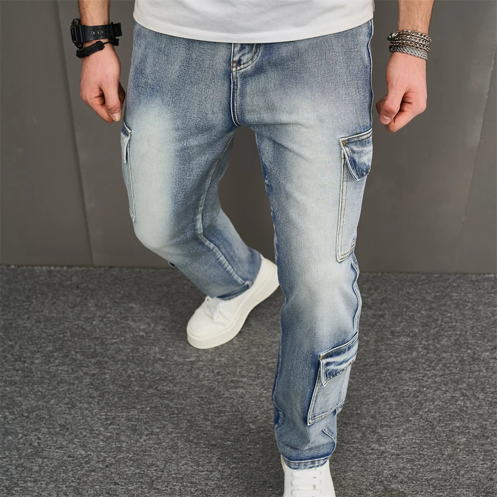 Fashionable retro multi pocket mens cargo jeans mens Trouser high-quality loose solid casual jeans 250226