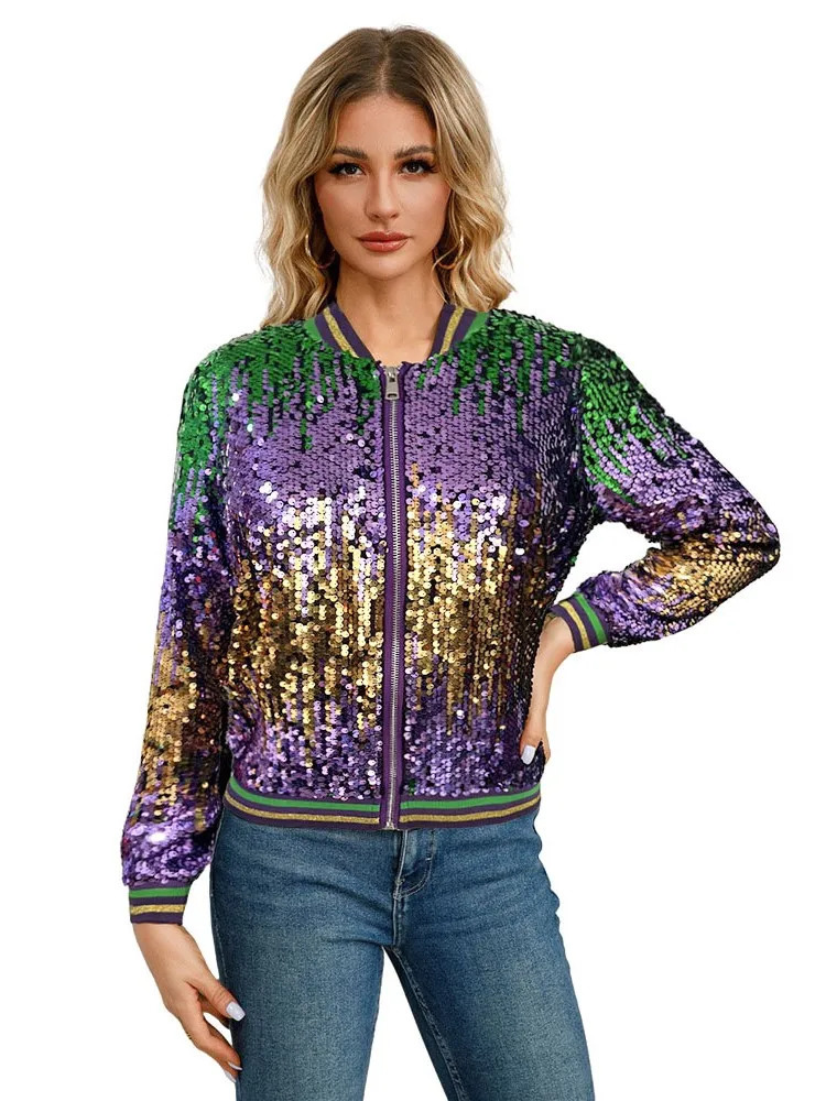 Y2K Streetwear Women Sequin Jackets Long Sleeve Short Coats European Style Female Tops Zipper Splicing Jacket Autumn 250227