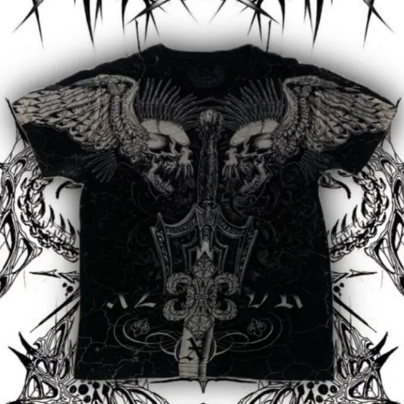 Harajuku Street Retro Tshirt Hip Hop Round Neck Mens and Womens Extra Large Short Sleeve Gothic Clothing 250226