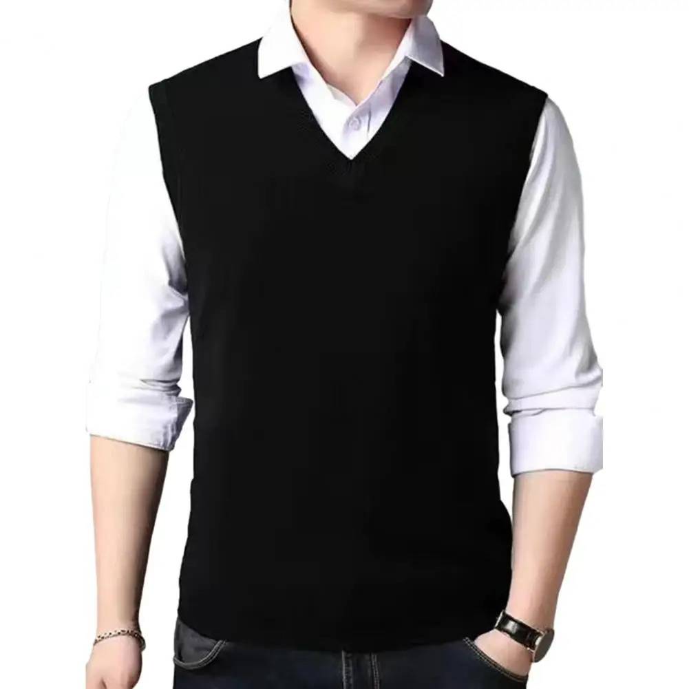 Knitted Vest Casual Versatile Midaged Mens Vneck Sweater Slim Fit Sleeveless Pullover with Ribbed 250225