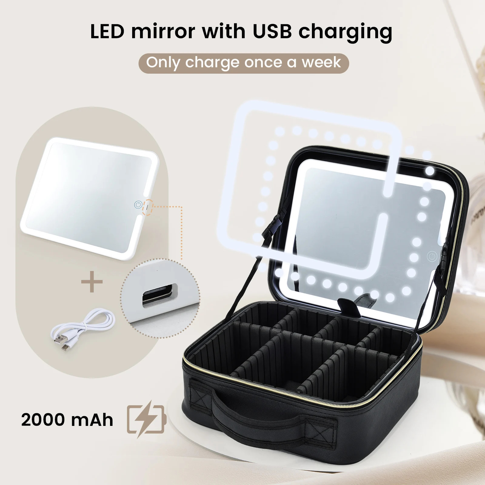 Ship from US Makeup Bag With Led Mirror 3 Modes Lights Vanity Travel Case Lighted 250227FBB