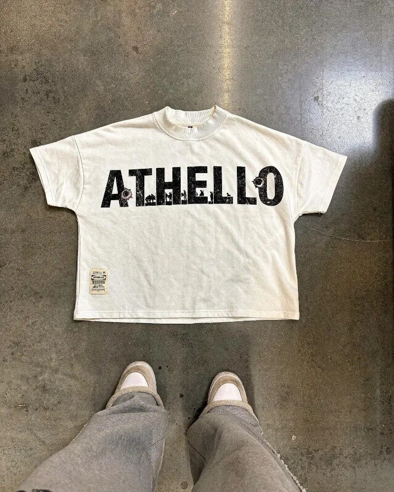 Y2K retro hiphop street clothing oversized pattern printing men shortsleeved casual cotton loose and women top 250226