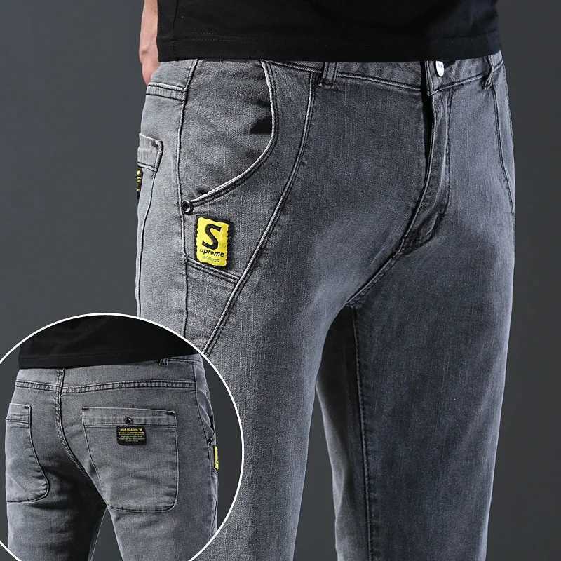 Fashion Men Stretch Straight Slim Grey Denim Jeans Male Streetwear Chic Elastic Pants Long Thin High Street Small Feet Trousers X250227