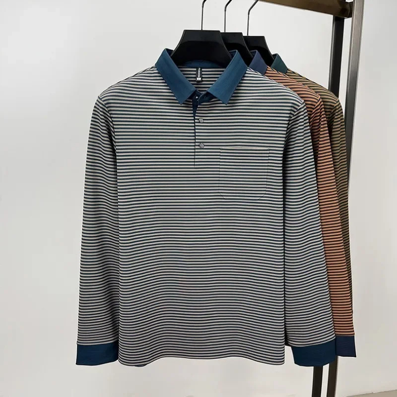 High-end Quality Mens Seamless Polo Shirt Lapel Stripe Ice Silk Long-sleeve T-shirt Fashion Street Exquisite Autumn Menswear 250225