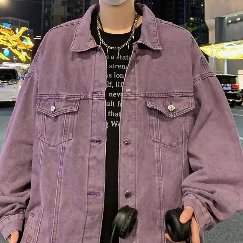 Purple American Style Vintage Denim Jacket For Men Women Trendy High-end Feel Rough Tough Streetwear Clothing 250225