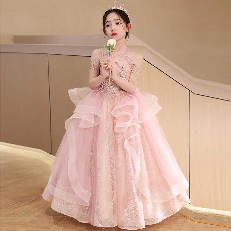 Girl's Dresses 3 Styles Girls Princess Dress 3-8T Light Luxury Halter Beading Off Shoulder Tassels Prom Gown Golden Sequins Flower Girl Dress Y25