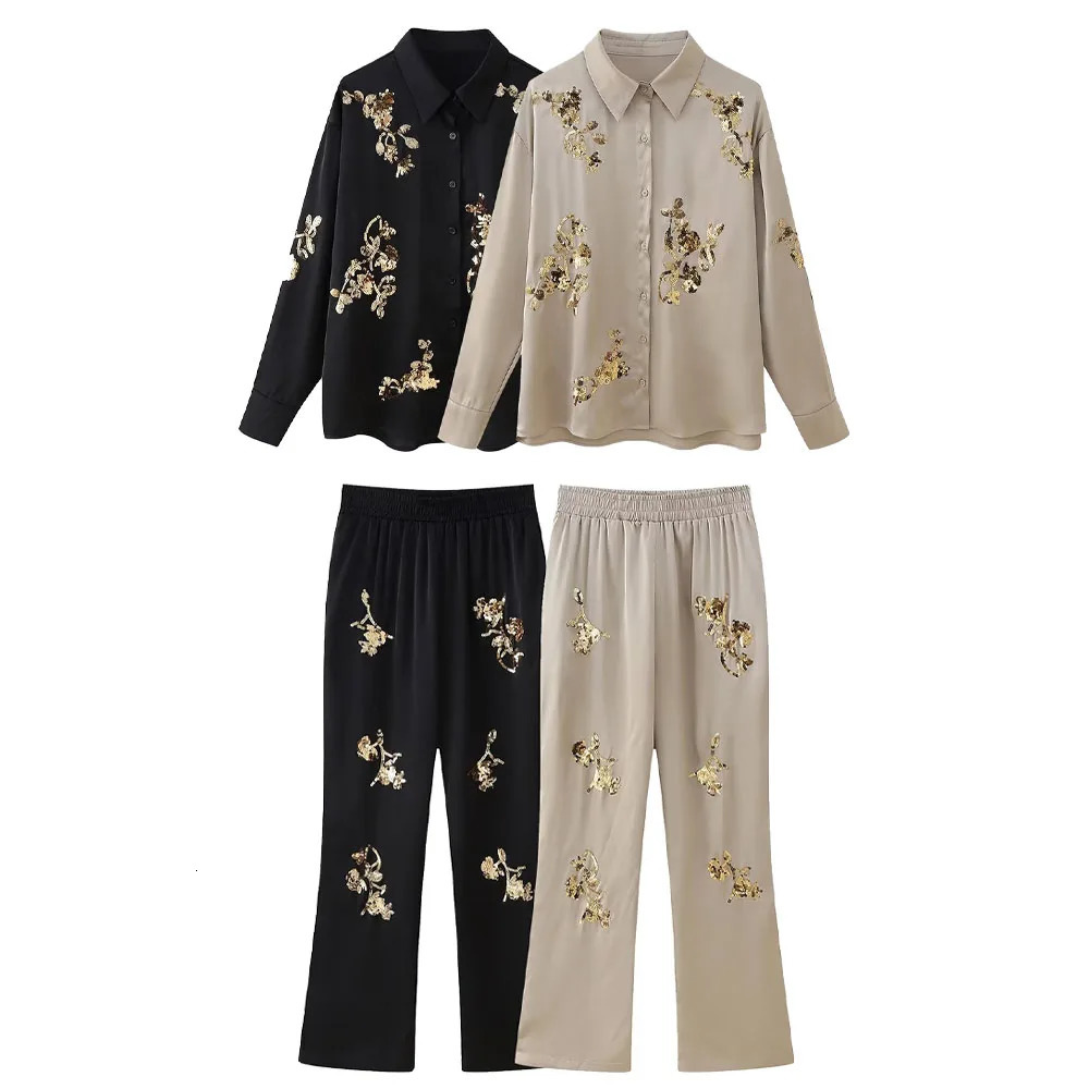Zach Ailsa Summer Product Womens Satin Texture Sequins Heavy Industry ed Shirt High Waist Long Pants Set 250226