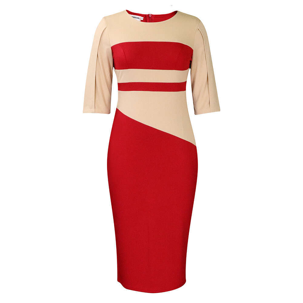 Large size women's spring style fashionable Tong Le OL five part sleeve color blocked hip dress 2025 temperament versatile new trend clothing ins