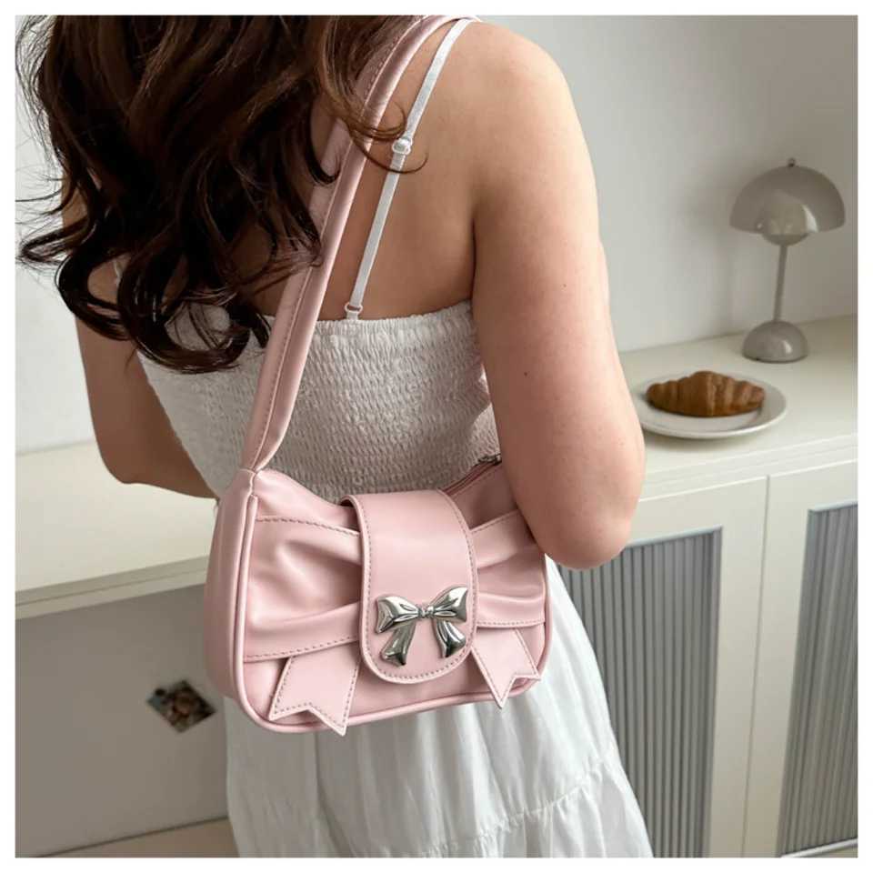 Korean Bow Pleated Shoulder Bag For Women 2024 Spring Summer New Armpit Bag HandbagXJ250227