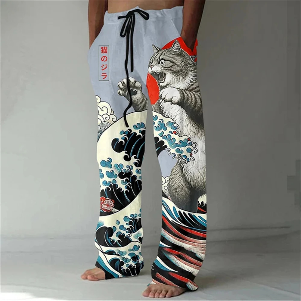 Roaring Monster Cat Art Printed Loose Pants Japanese Linen Blended Pocket Casual Pants Mens Street Wear 250227