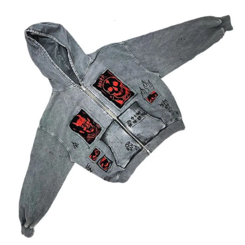 American Y2K heavyduty washed retro devil print street high dark Harajuku neutral loose hooded sweater 250226