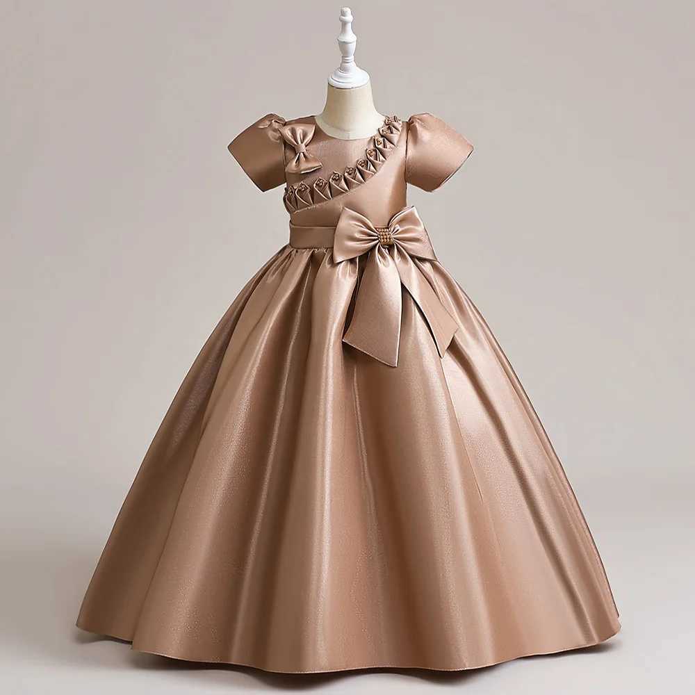 Girl's Dresses Teens Bridesmaid Bow Party Girls Dress Elegant Christmas Gown Short Sleeve Princess Kids Dress for Girl Evening Birthday Dress Y25