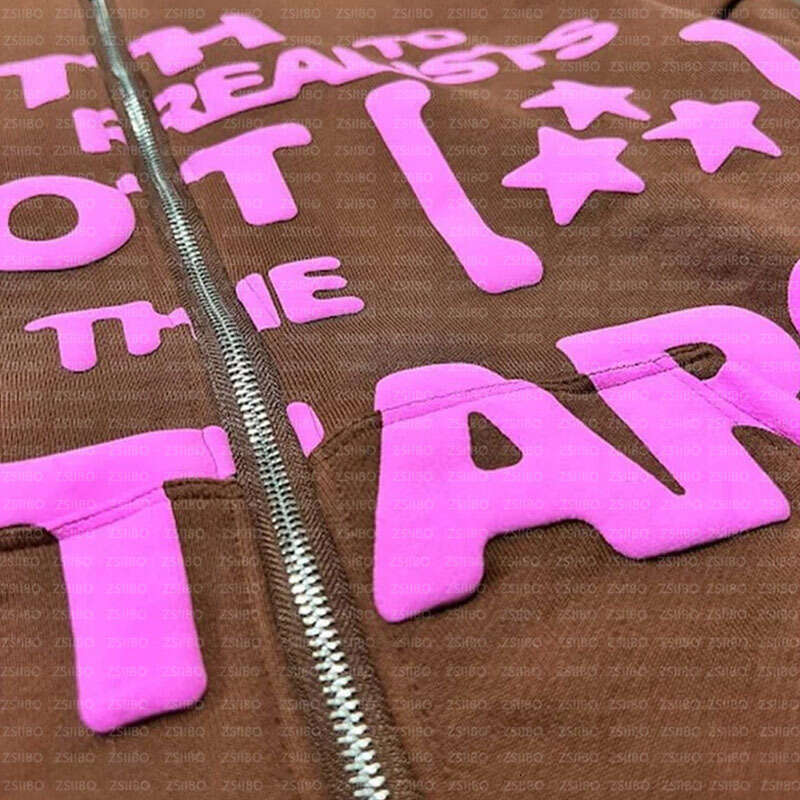 Trendy brand casual hip-hop personality Kpop style letter foam printed zipper hooded long sleeved sweatshirt for women