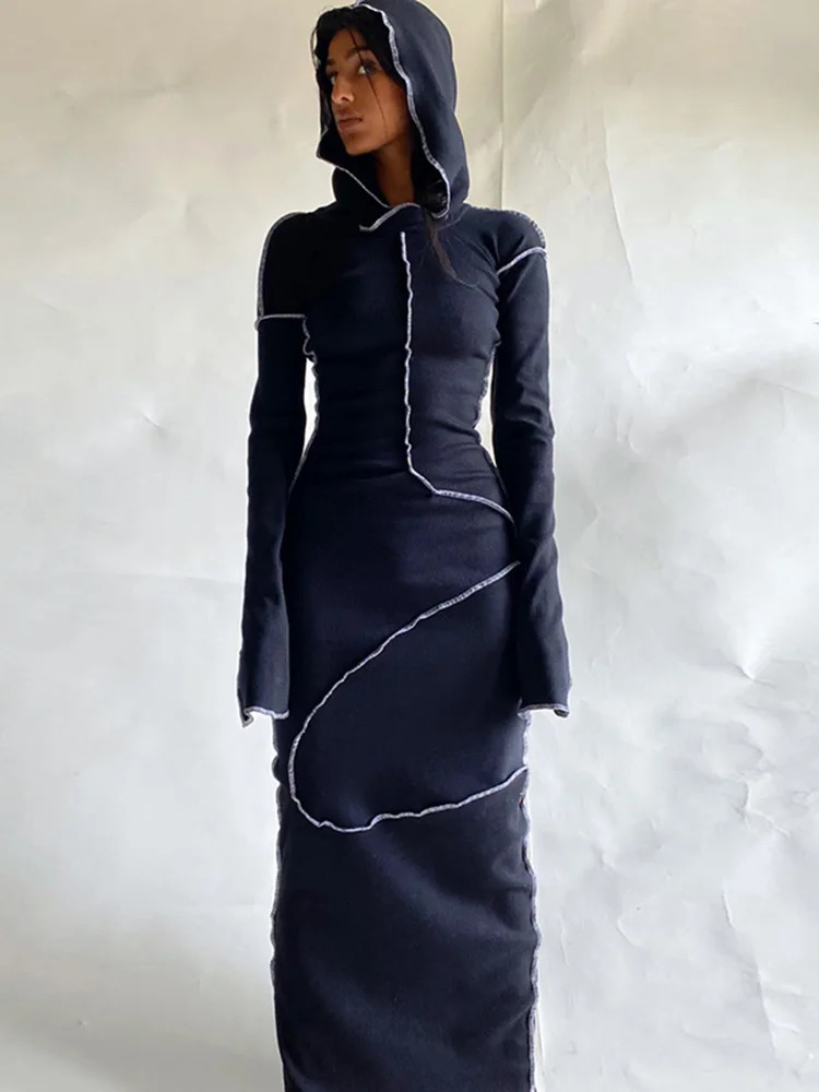 Hugcitar Long Sleeve Hooded Patchwork Skinny Maxi Dress Autumn Winter Women Fashion Streetwear Casual Outfits 250226