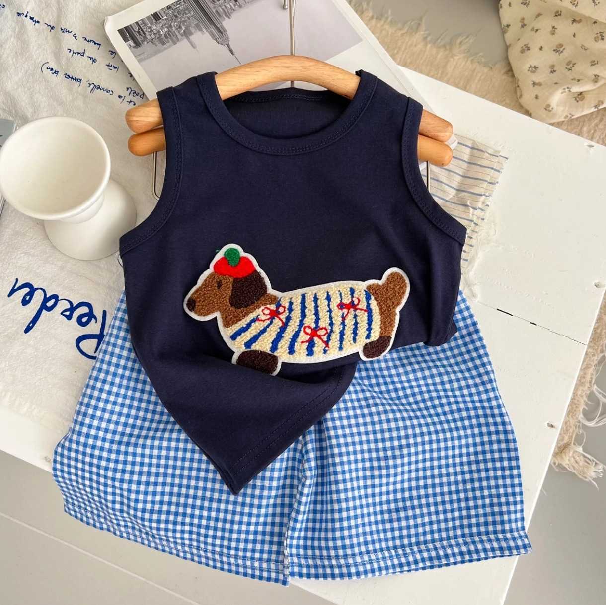 Clothing Sets 2025 Summer New Childrens Boys and Girls Fashion Leisure Korean Edition Western Summer Dress Loose Cartoon Vest SetY2502270A3G
