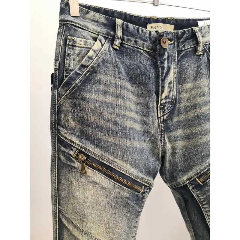 High Quality Fashion 2022 Worn Wash Splicing Zipper Decoration Multi Bag Elastic Motorcycle Biker Jeans Cargo Retro Pants Men X250227