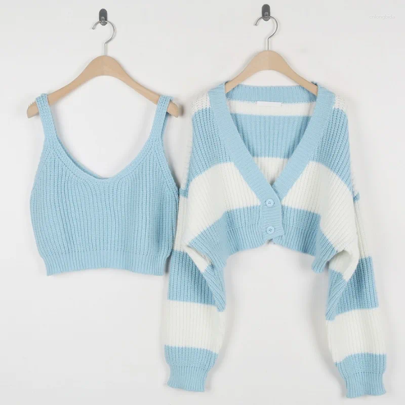 Women's Knits 2025 Fashion Autumn Two Piece Women Sweater Stripe Long Sleeve Cardigan Crop Knitwaers Winter Loose Casual Knitted Short Tops