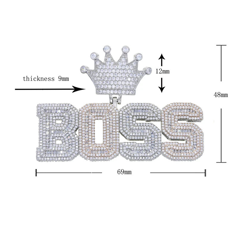 Hip Hop Crown Letter Pendant Necklace Iced Out Bling Two Tone Color CZ Zircon Charm Mens Women Jewelry 250227