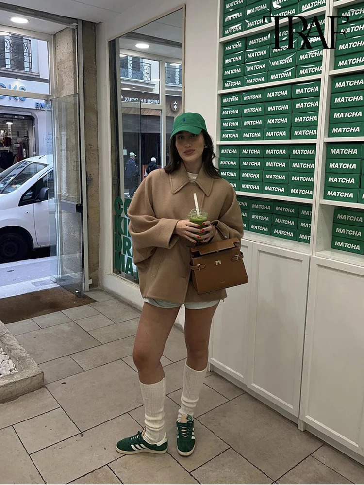 TRAF Womens Casual Vintage Khaki Coat Bat Sleeve Lapel Warm Tweed Autumn and Winter Fashion Loose Single Breasted 250109