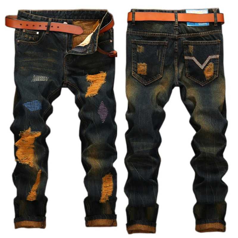 Mens Ruined Denim Jeans Hole Trousers Ripped Large Size Straight Hip Hop High Street Brand Fashion Male Pants X250227