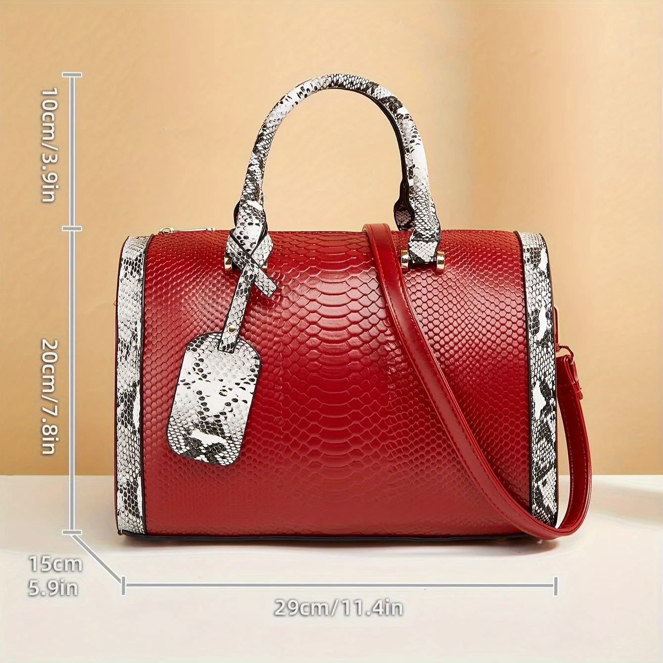 Ship from US Portable Boston Bag Snake Pattern Large Capacity Crossbody Solid Color Zipper Handbag 250227FBB