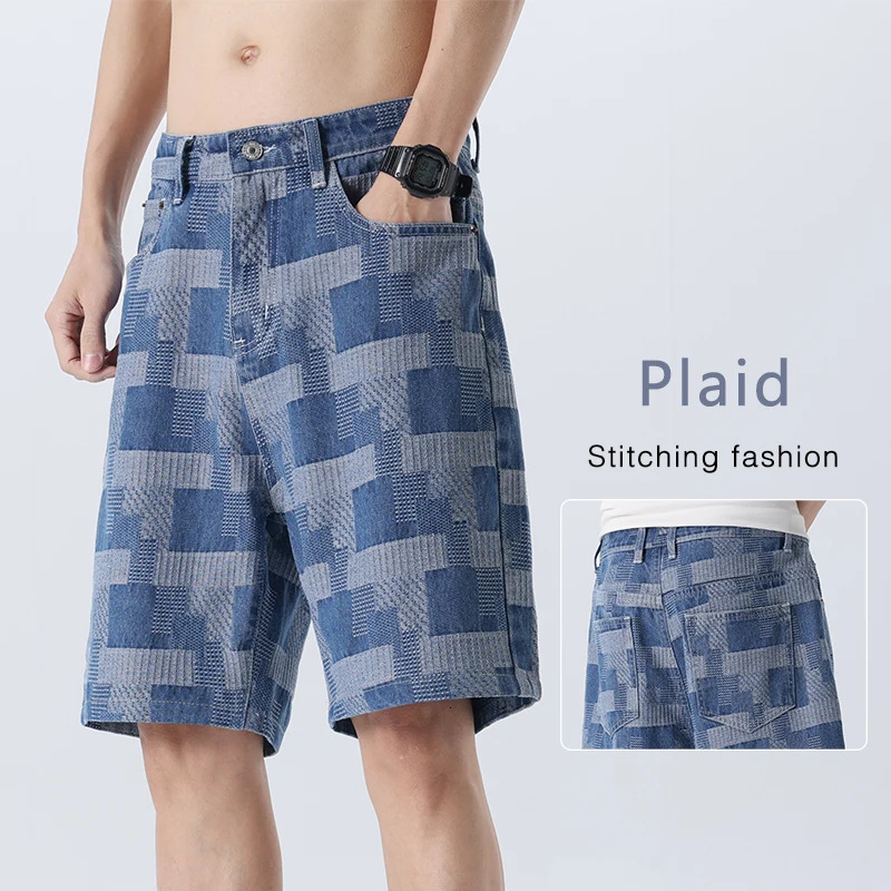 Fashion plaid mens denim shorts summer straight casual patchwork jeans street loose 250226