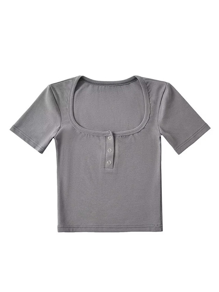 Womens button front short sleeved crop Tshirt 250226