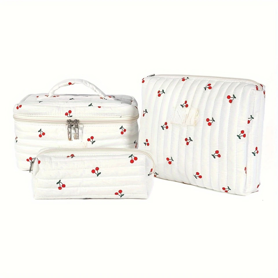 Ship from US Cherry Printed Cotton Makeup Bag Set Elegant Female Toilet Organizer Travel Gift 250227FBB