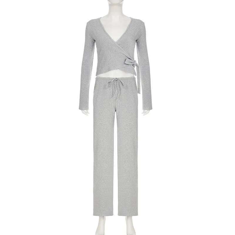 Crop Tie Tops 2 Pant Set Outfits Women Winter Fall Clothes Tracksuits Sweatsuits Sexy Elegant Pink Solid Two Piece Sets