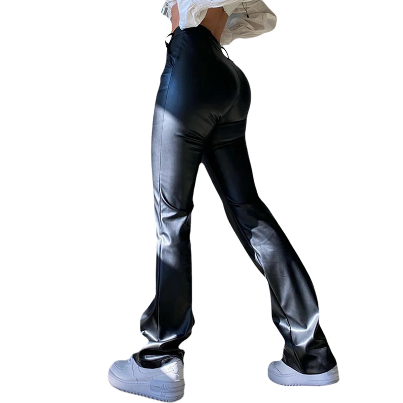 Fashion Women Slim Wideleg Pants Adults High Waist Elastic PU Leather Trousers with Pockets Female Streetwear 250227