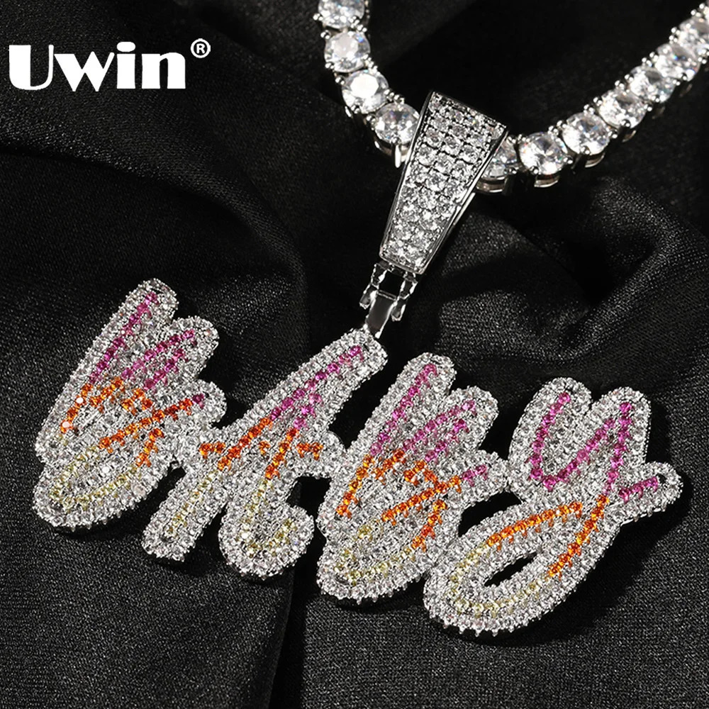 UWIN Custom Cursive Writing Name Pendant Necklace Full Iced Colorful CZ Stones Personalized Fashion Hip Hop Jewelry for Gift 250227