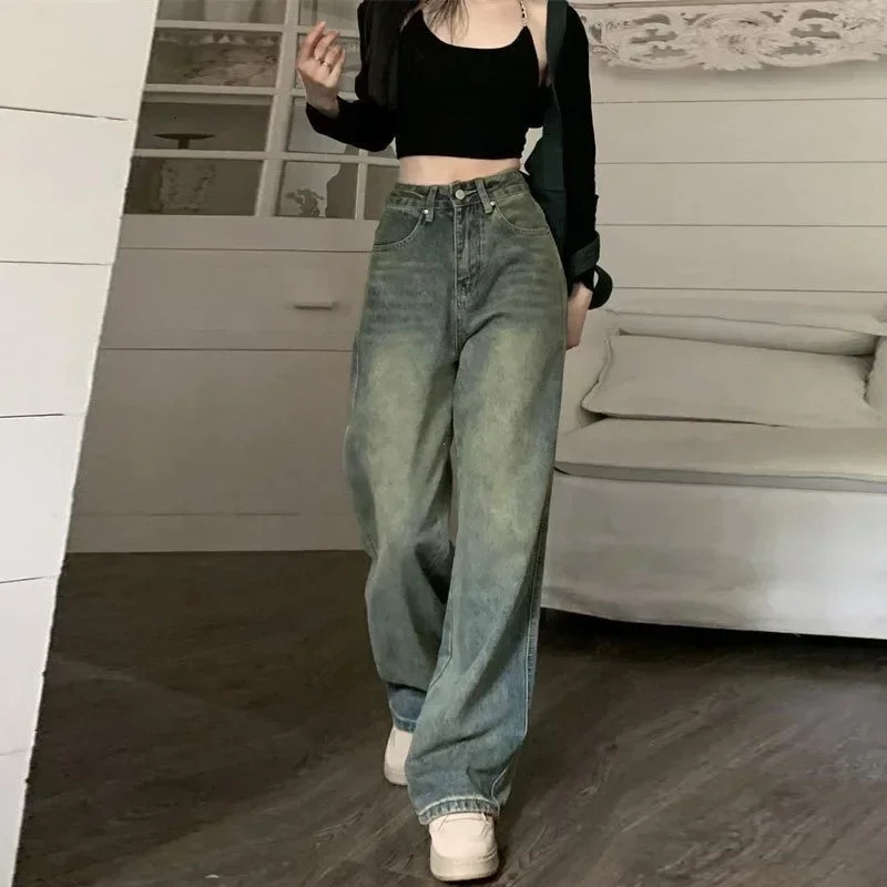 Vintage Jeans Women Irregular High Waist Slimming Wide Leg Mop Long Pants Fashion Blue Baggy Y2K Streetwear 250226