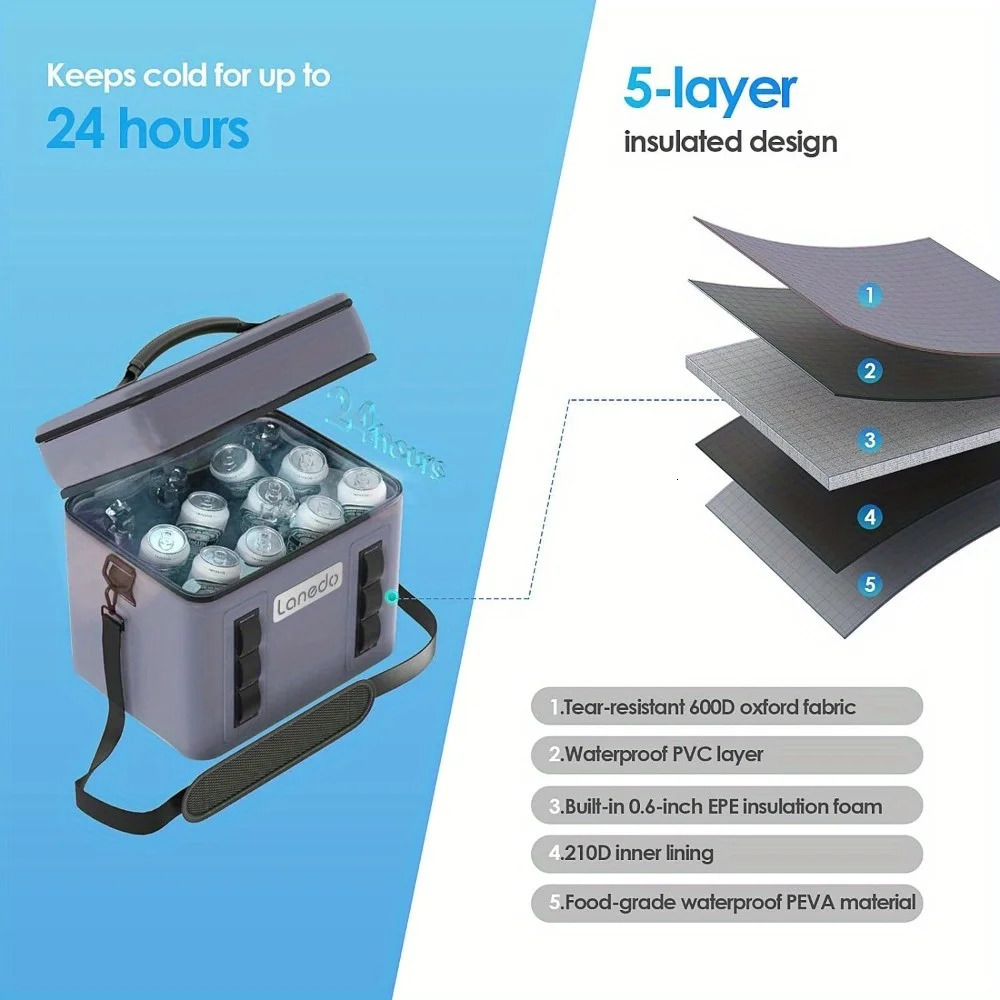 Ship from US Lanedo Lunch Soft Cooler 20 Can Carrying Handle Insulated Bag Portable Ice Chest BoxGray 250227FBB