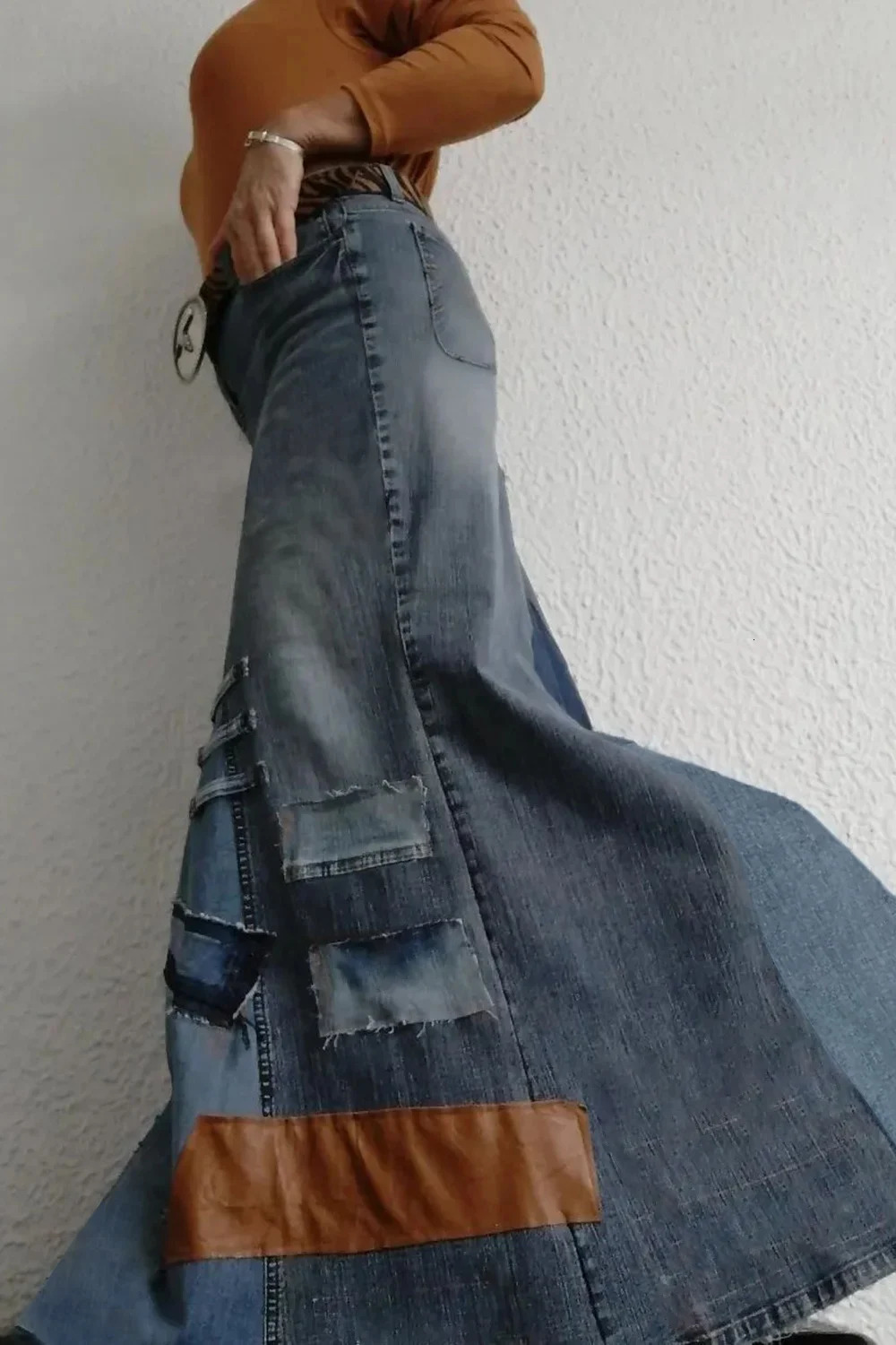 2025 Womens Plus Size Daily Vintage Blue Contrast Patch Denim Long Skirts 250226