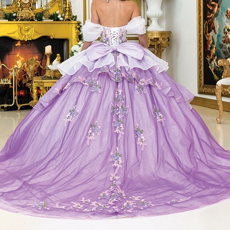 Lavender Shiny Quinceanera Dresses Ball Gown Off The Shoulder Applique Lace Tull Party Birthday Sweet 16 Vestidos 15 De Anos
