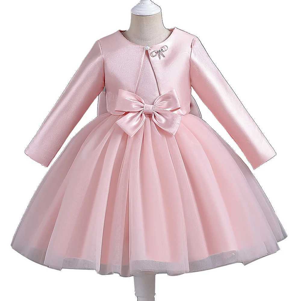 Girl's Dresses ELBCOS 4-14Y Girls Tie Crew Neck Long Sleeves Solid Color Fold Skirt Cardigan Coat Waist Bow Costumes Princess Party Dress Suit Y2