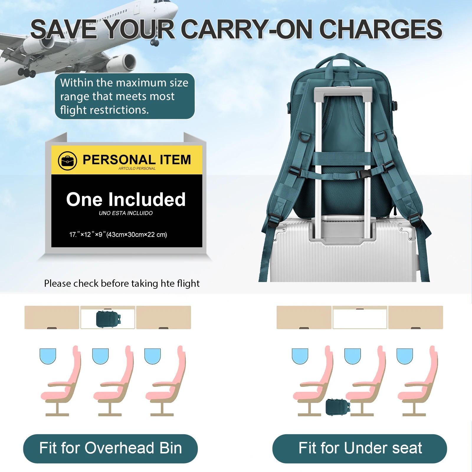 Ship from US Large Travel Backpack Women Carry on Airline Approved Personal Item Bag Airplane Hiking ShortTrip Rucksack 250227FBB