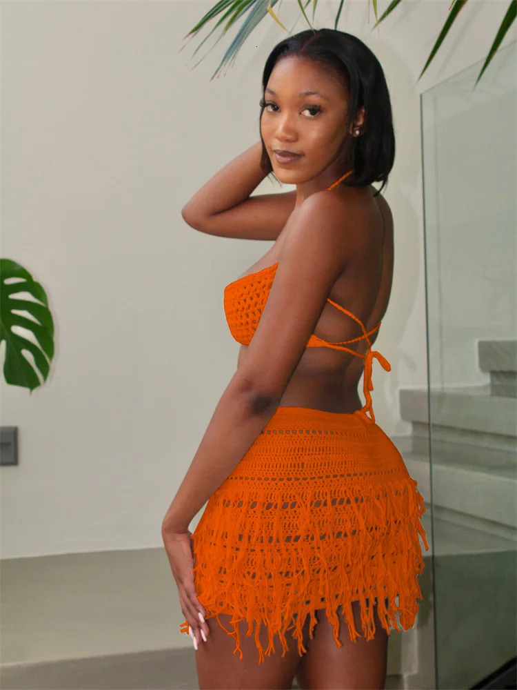 Weird Puss Knit 2 Piece Sets Woman Summer Sexy Backless Bandage Halter CamisoleTassel Skirts Party Skinny Matching Clubwear 250226