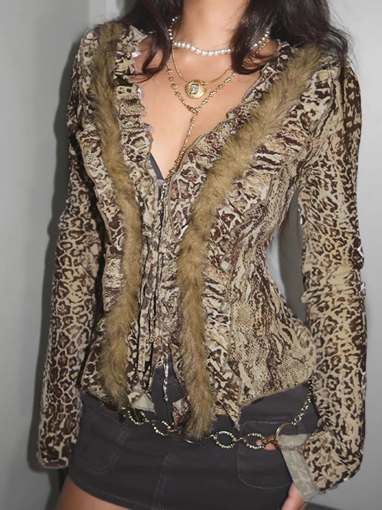 Women Sexy Leopard Print Tops Mini Skirts Sets Furry Edging Crop Top Suits Hip Wrap Skirt 2025 Spring Midnight Club Outfits 250226