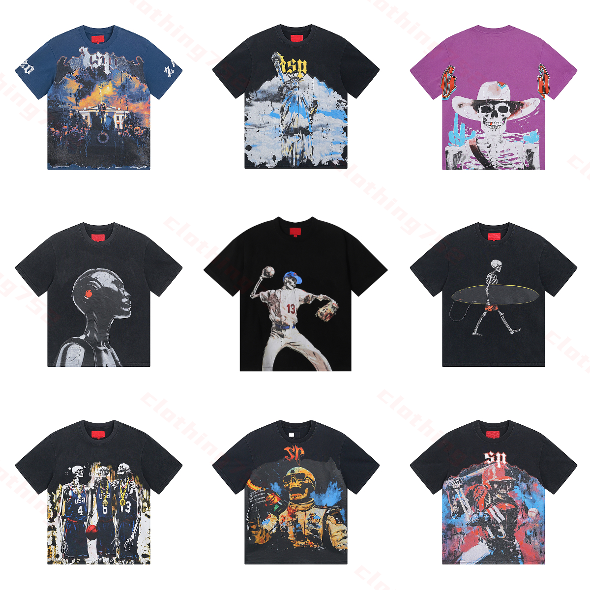 mens designer t shirt graphic tee high quality doodle tshirt Summer vintage washed skull print short sleeve cotton loose men and women hip hop alphabet T-shirt size S-XL