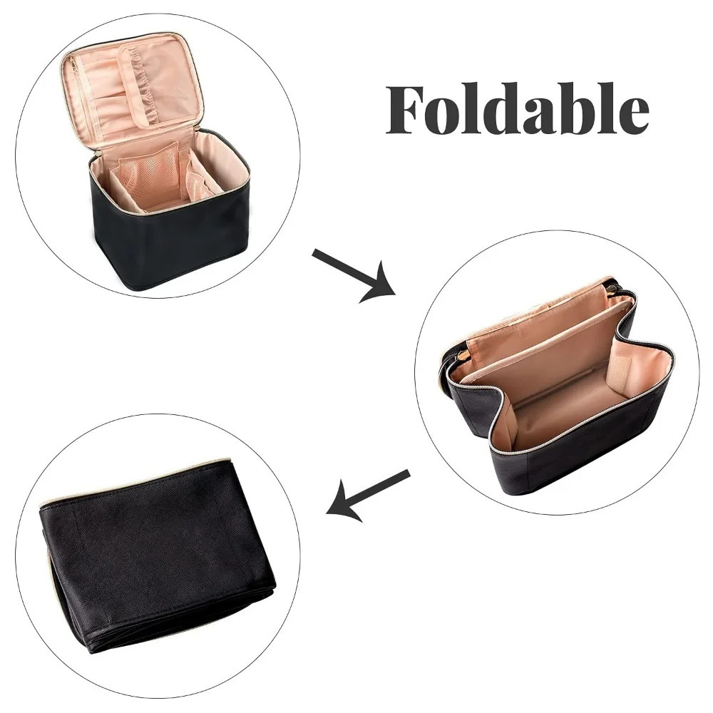 Ship from US Large Ladies Cosmetic Bag Travel Organizer with Brush Holder and Divider Waterproof Leather 250227FBB