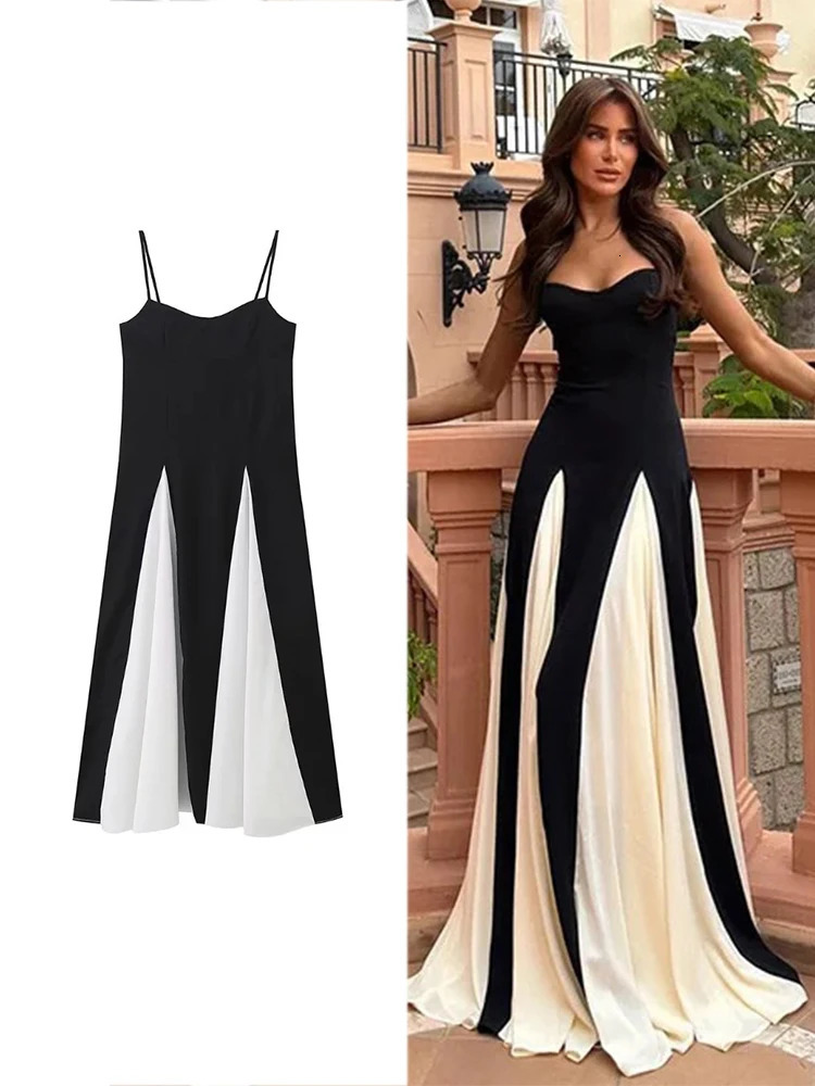 TRAF Women Fashion Pleated Ruffle Hem Lace Dresses Sexy Bustier Backless Halter A-Line Dresses Sexy Lady Maxi Beach Party Gowns 250226