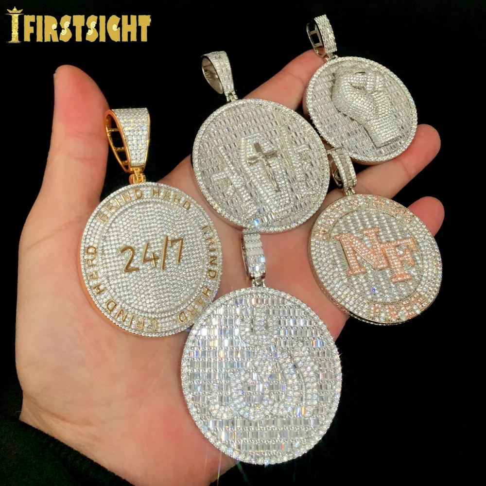 Iced Out Bling Round Letter Pendant Necklace Gold Color CZ Cubic Zirconia Badge Charm Men Fashion Hip Hop Jewelry 250227