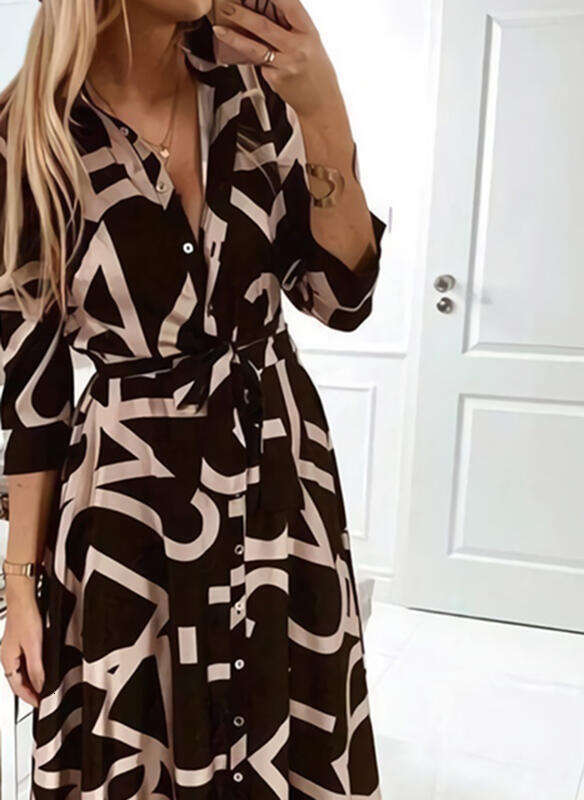 European American women's V-neck spring autumn printed button long sleeved lace up dress 2025 new style chic and elegant clothing