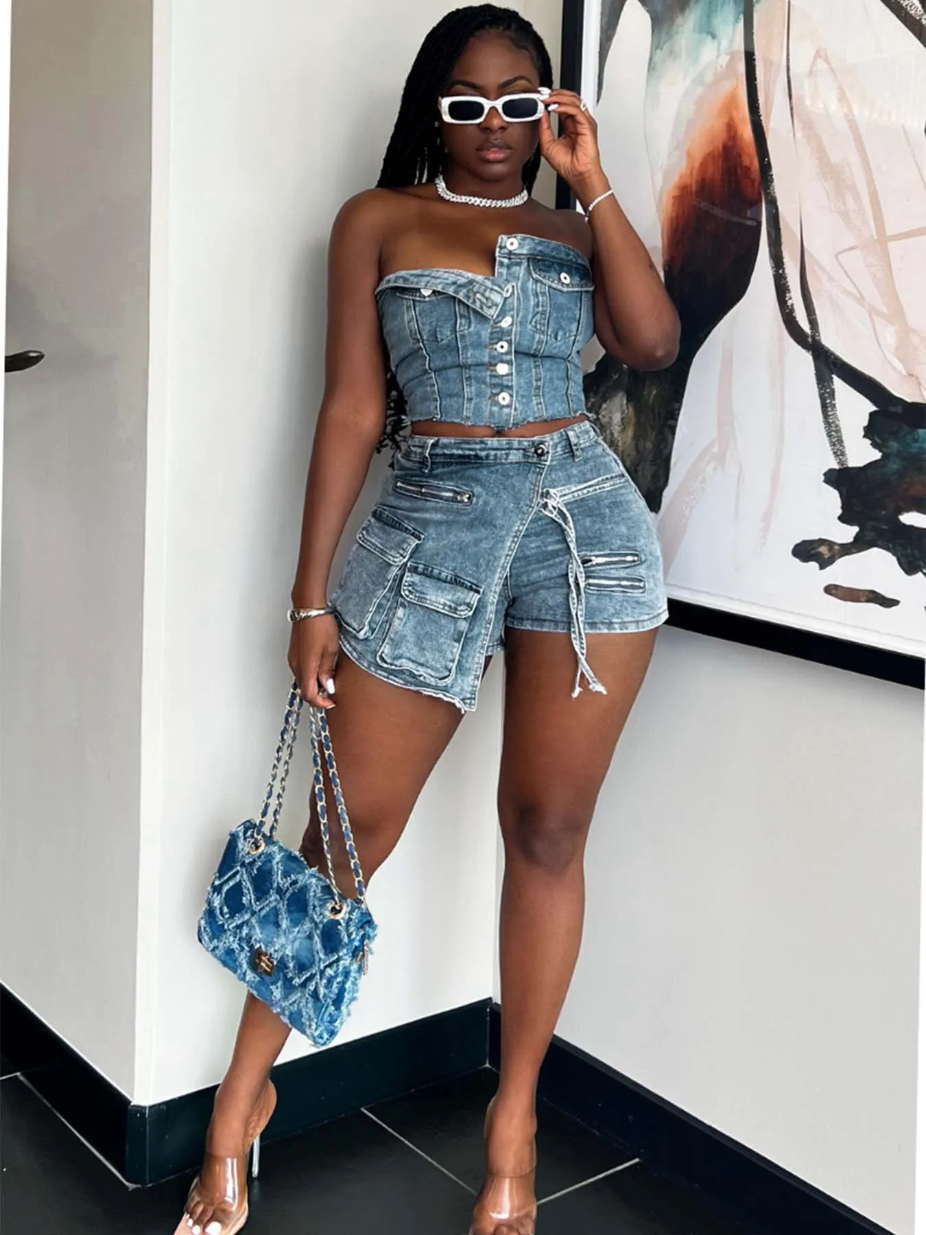 Multi Pockets Jeans Shorts Skirt Outfit Sexy Women Elegant Two Pieces Jeans Club Macthing TopShorts 250226