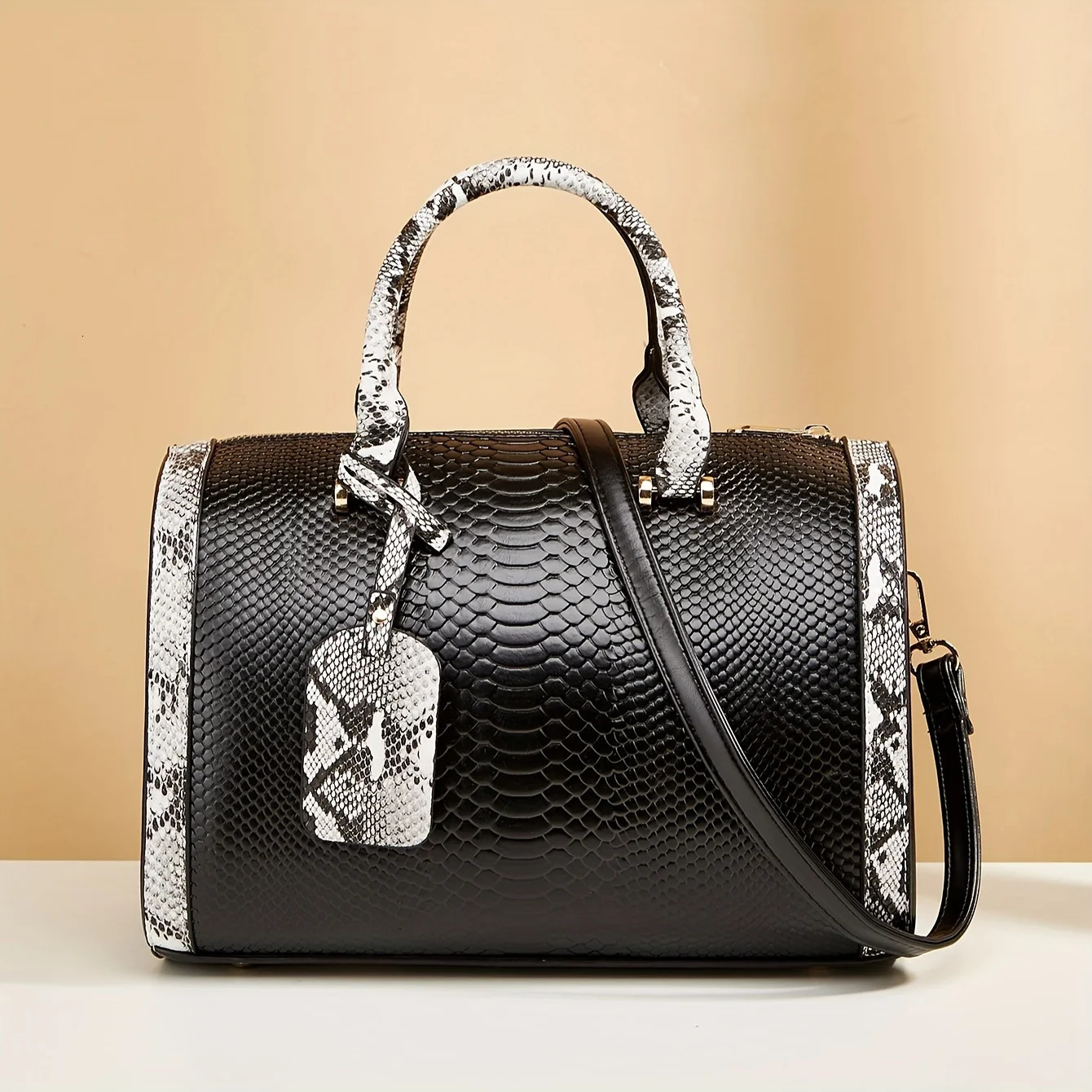 Ship from US Portable Boston Bag Snake Pattern Large Capacity Crossbody Solid Color Zipper Handbag 250227FBB