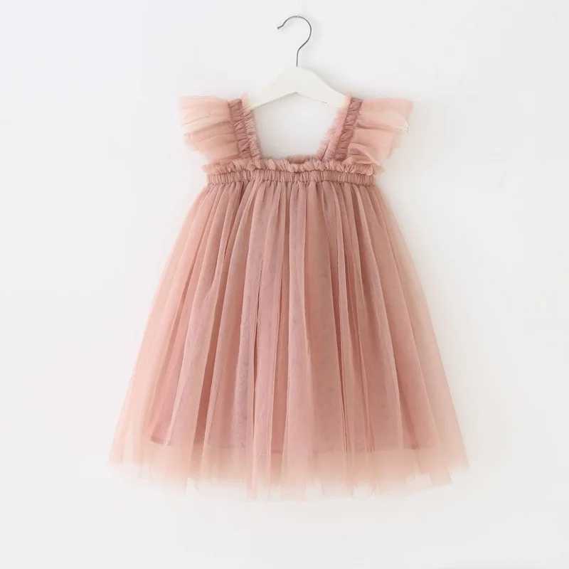 Summer Dress for Baby Girl Sling Sleeveless Square Collar Yellow Purple Pink Blue Green Mesh Princess Dress Child Clothing E2200T250227