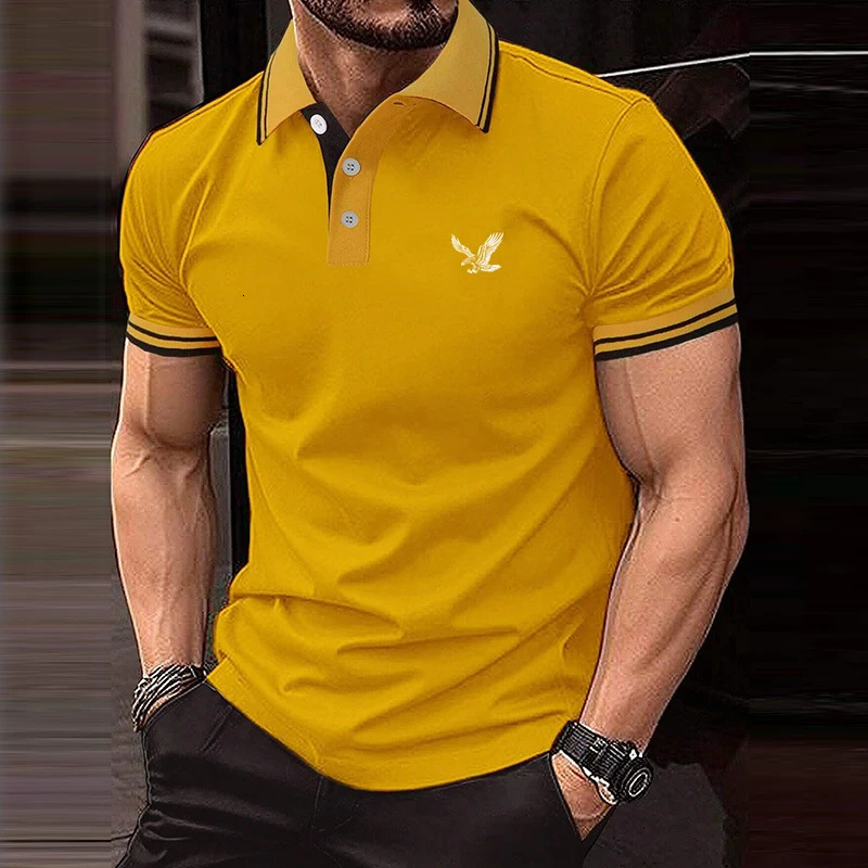 Regular Mens Solid Color Short Sleeved Polo Shirt with Eagle n Summer Product Simple and Casual Mens Top 250227