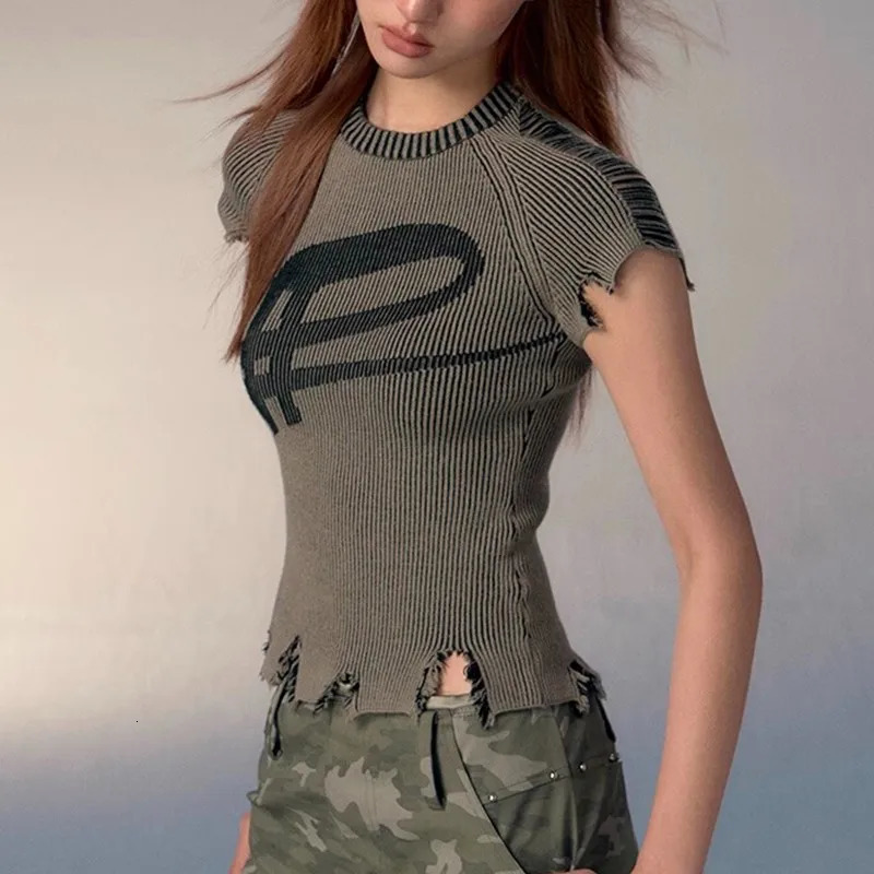 Karrcat Grunge Aesthetics Knitted Top Vintage Distressed Tshirt Punk Broken Crop Harajuku Slim Ribbed Y2k Streetwear 250226
