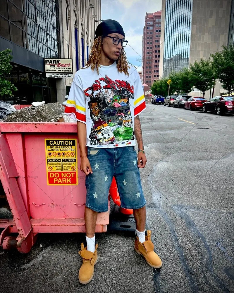 Y2K Harajuku Retro Striped Short-sleeved Street Hip-hop Punk Style Printed Oversized T-shirt Men Trendy Casual Cotton Top 250225